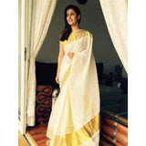 Kerala handwoven cotton plain saree in off white color with golden zari border - Big - Kerala Handwoven sarees