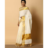 Kerala handwoven cotton plain saree in off white color with golden zari border - Medium - Kerala Handwoven sarees