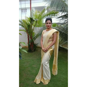 Kerala handwoven cotton plain settu mundu in off white color with wide golden zari border - Kerala Handwoven sarees