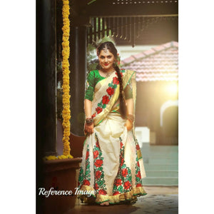 Kerala off-white with green and red semi tissue handwoven and hand painted mural designed half saree - Kerala Handwoven sarees