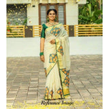 Kerala off-white with green semi tissue handwoven and hand painted mural designed saree - Kerala Handwoven sarees