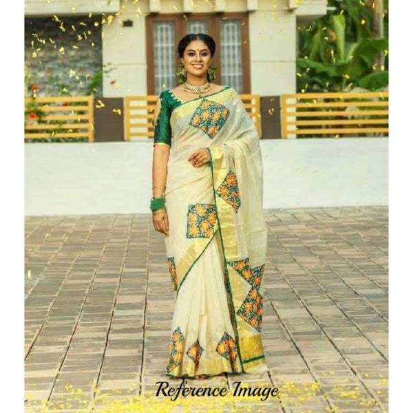 Kerala Kasavu Saree with Green Temple Border - Byhand Kochi