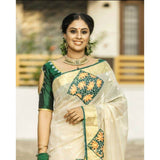 Kerala off-white with green semi tissue handwoven and hand painted mural designed saree - Kerala Handwoven sarees