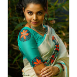 Kerala off-white with silver zari border semi tissue handwoven and hand painted floral designed saree - Kerala Handwoven sarees
