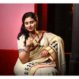 Kerala off-white with zari border semi tissue handwoven and hand painted mural designed saree - Kerala Handwoven sarees