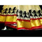 Kerala off-white with zari border semi tissue handwoven and hand painted mural designed saree - Kerala Handwoven sarees