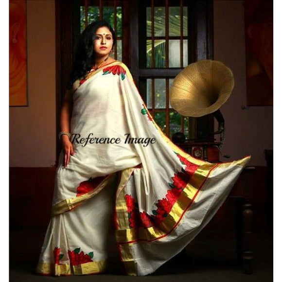Kerala off-white with zari handwoven and hand painted floral designed saree - Kerala Handwoven sarees