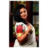 Kerala off-white with zari handwoven and hand painted floral designed saree - Kerala Handwoven sarees