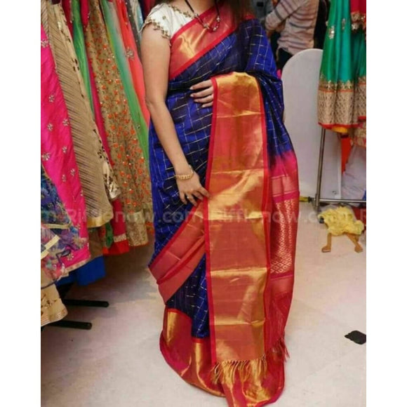Kuppadam blue with red handwoven silk saree - Kuppadam Silk Sarees