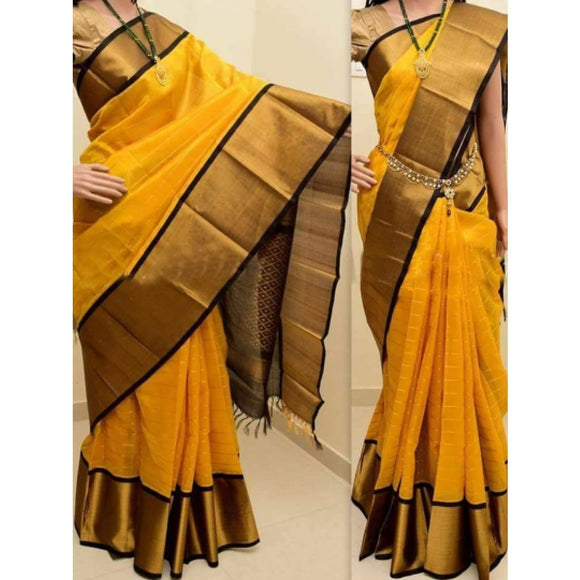 Kuppadam yellow with black handwoven silk saree - Kuppadam Silk Sarees