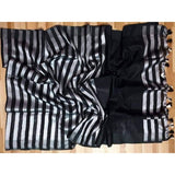 Linen 100 count black and white striped pure organic handwoven saree - Organic Linen sarees