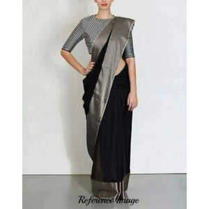 Linen 100 count black with contrast silver zari border pure organic handwoven saree - Organic Linen sarees