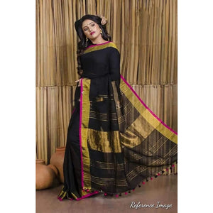 Linen 100 count black with pink and gold zari border pure organic saree - Organic Linen sarees