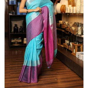 Linen 100 count blue with purple pure organic handwoven saree with silver zari - Organic Linen sarees