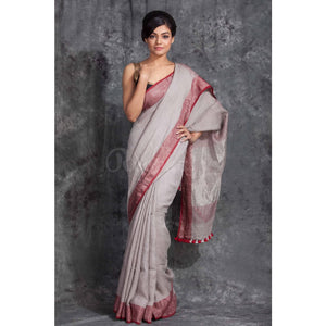 Linen 100 count gray pure organic handwoven saree with maroon zari border - Organic Linen sarees