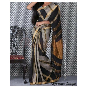 Linen 100 count gray with black striped gold zari border pure organic handwoven saree - Organic Linen sarees