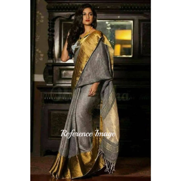 Linen 100 count gray with golden zari border pure organic handwoven saree - Organic Linen sarees
