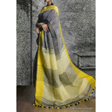 Linen 100 count Gray with yellow pure organic handwoven saree - Organic Linen sarees