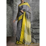 Linen 100 count Gray with yellow pure organic handwoven saree - Organic Linen sarees