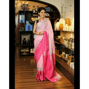 Linen 100 count pale pink pure organic handwoven saree with silver zari - Organic Linen sarees