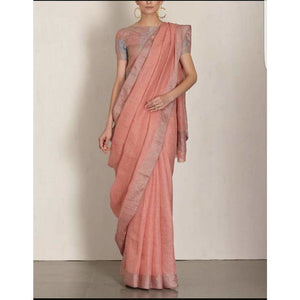 Linen 100 count peach with silver zari border pure organic handwoven saree - Organic Linen sarees