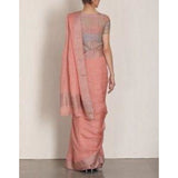 Linen 100 count peach with silver zari border pure organic handwoven saree - Organic Linen sarees