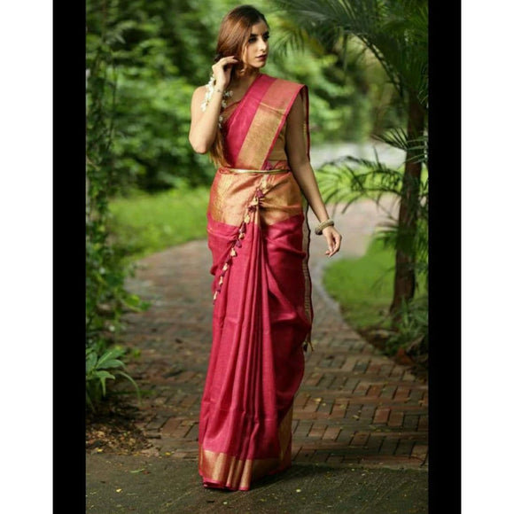 Linen 100 Count Pink Pure Organic Handwoven Saree with Golden Zari - Organic Linen sarees