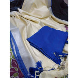 Linen 100 count pure organic handwoven sarees with silver zari border from Bhagalpur weavers - Beige with blue - Organic Linen sarees