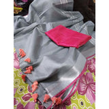 Linen 100 count pure organic handwoven sarees with silver zari border from Bhagalpur weavers - Gray with pink - Organic Linen sarees