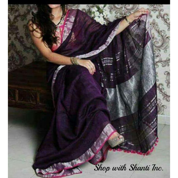 Linen 100 count purple with silver zari border pure organic handwoven saree - Organic Linen sarees