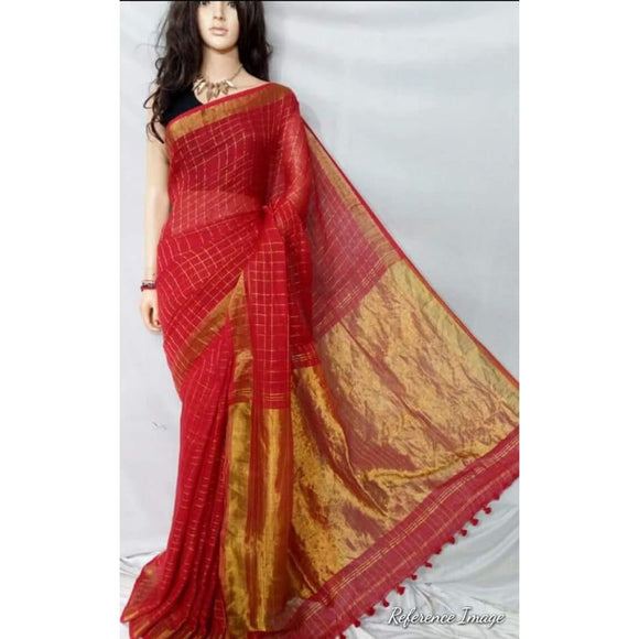 Linen 100 count red with small zari cheks and gold zari border pure organic handwoven saree - Organic Linen sarees