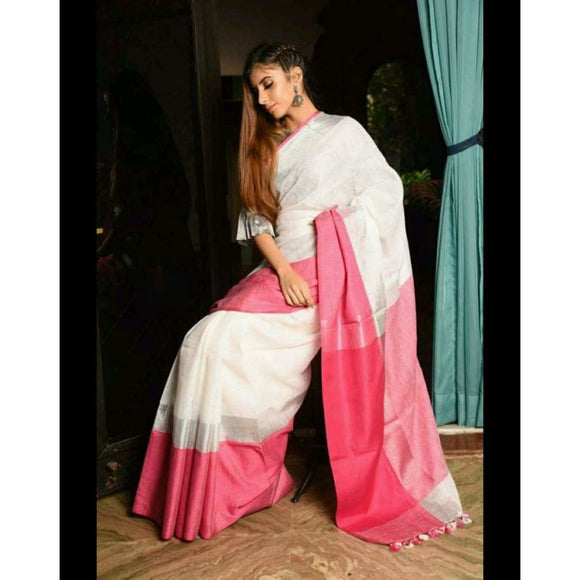 Linen 100 count white with pink pure organic handwoven saree with silver zari - Organic Linen sarees