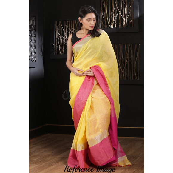 Linen 100 count yellow with pink pure organic handwoven saree with ...