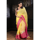 Linen 100 count yellow with pink pure organic handwoven saree with silver zari - Organic Linen sarees