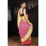Linen 100 count yellow with pink pure organic handwoven saree with silver zari - Organic Linen sarees