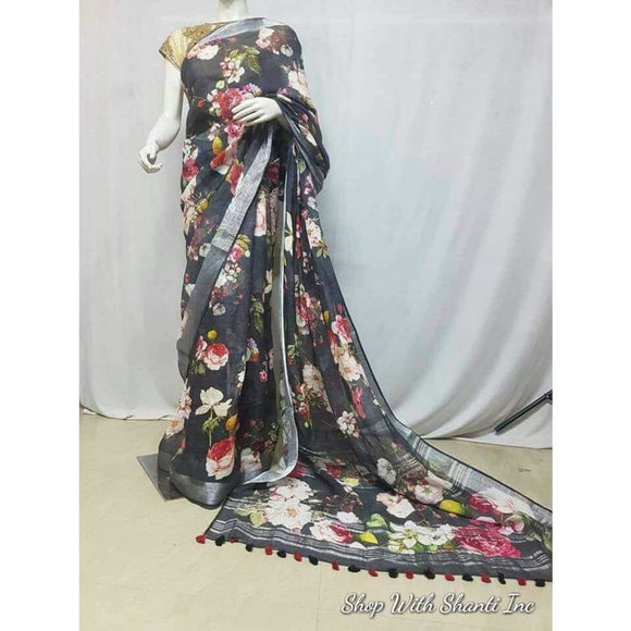 Linen by linen digital printed multi color pure organic handwoven saree with contrast silver zari border - Digital Printed Linen Sarees