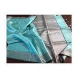 Pink organic handwoven linen tissue saree with silver zari and black line border - Blue - Linen Tissue Sarees