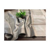 Pink organic handwoven linen tissue saree with silver zari and black line border - Gray - Linen Tissue Sarees