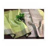 Pink organic handwoven linen tissue saree with silver zari and black line border - Green - Linen Tissue Sarees