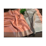 Pink organic handwoven linen tissue saree with silver zari and black line border - Peach - Linen Tissue Sarees