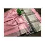 Pink organic handwoven linen tissue saree with silver zari and black line border - Pink - Linen Tissue Sarees