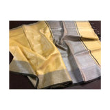 Pink organic handwoven linen tissue saree with silver zari and black line border - Yellow - Linen Tissue Sarees