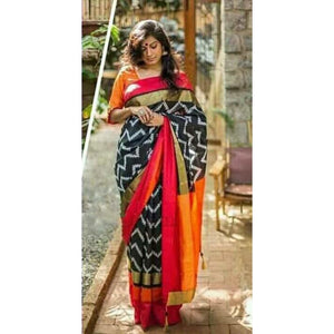 Pochampally ikkat black with orange and maroon zari border handwoven pure silk saree - Pochampally Ikkat Silk Sarees