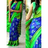 Pochampally ikkat blue and green handwoven pure silk saree with flower motifs - Pochampally Ikkat Silk Sarees