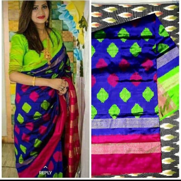 Pochampally ikkat blue with pink handwoven pure silk saree with buttis - Pochampally Ikkat Silk Sarees