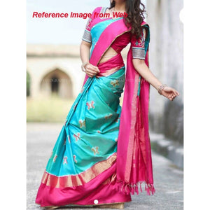 Pochampally ikkat blue with pink zari border handwoven pure silk saree - Pochampally Ikkat Silk Sarees