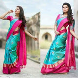 Pochampally ikkat blue with pink zari border handwoven pure silk saree - Pochampally Ikkat Silk Sarees