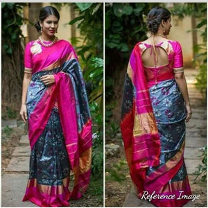 Pochampally ikkat gray with pink handwoven pure silk saree in floral design - Pochampally Ikkat Silk Sarees
