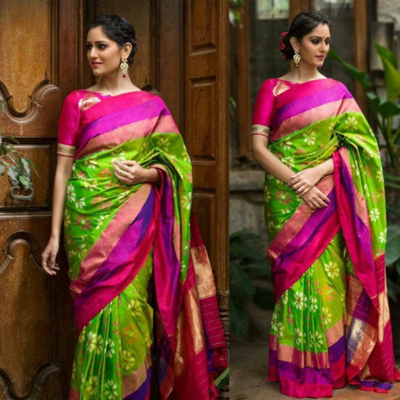 Pochampally ikkat parrot green with pink and purple handwoven pure silk saree - Pochampally Ikkat Silk Sarees