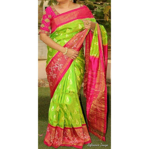 Pochampally ikkat parrot green with pink handwoven pure silk saree - Pochampally Ikkat Silk Sarees